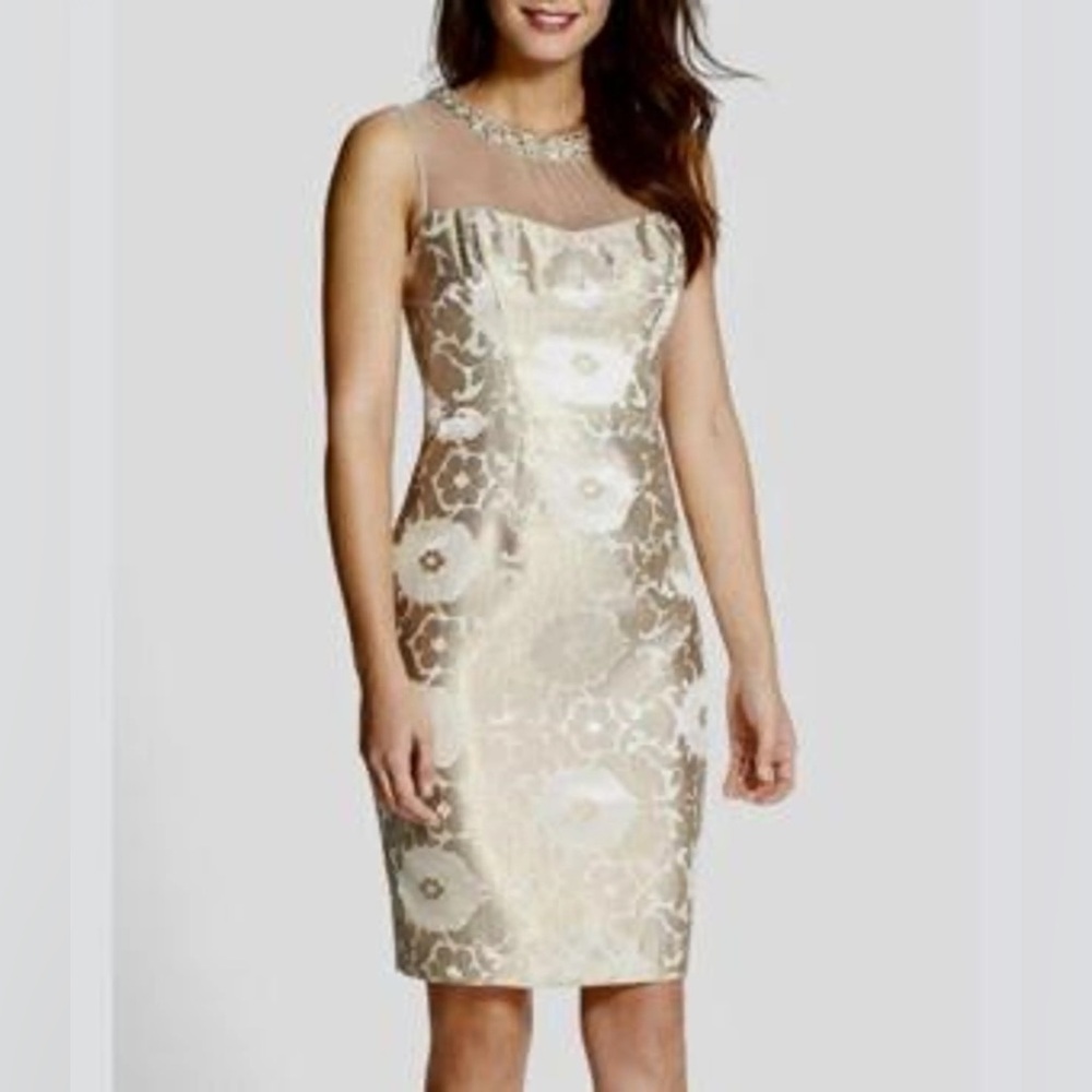 Maggy London Gold Damask Dress With Sequined Neckline